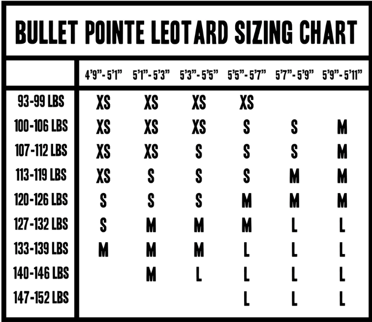 Bullet Pointe's adult leotard sizing chart.