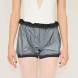 A dancer wears gray trash-bag style shorts with a black waistband.